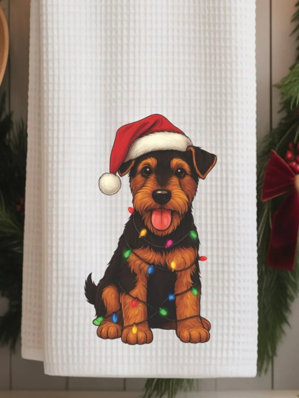 Welsh Terrier Christmas Lights Decorative Kitchen Tea Towel